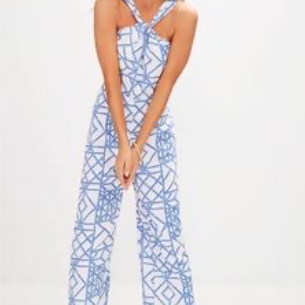 Vineyard Vines White and Blue Patterned Jumpsuit bamboo lattice print size 0